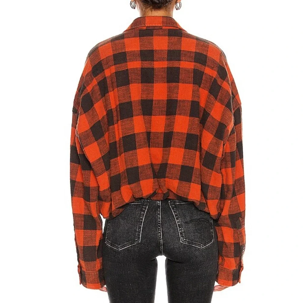 R13 Red and Black Buffalo Plaid Cropped Button-Up Shirt - Picture 14 of 14